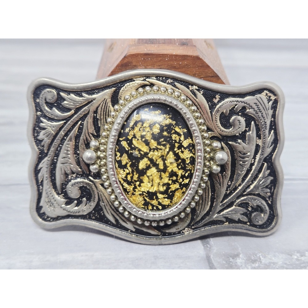 Western Black And Silver + Gold Flake Oval Belt Buckle
